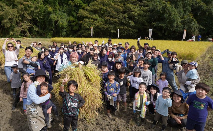 手越村３年目の稲刈りは、たくさんの子どもたちや外国人の方々と